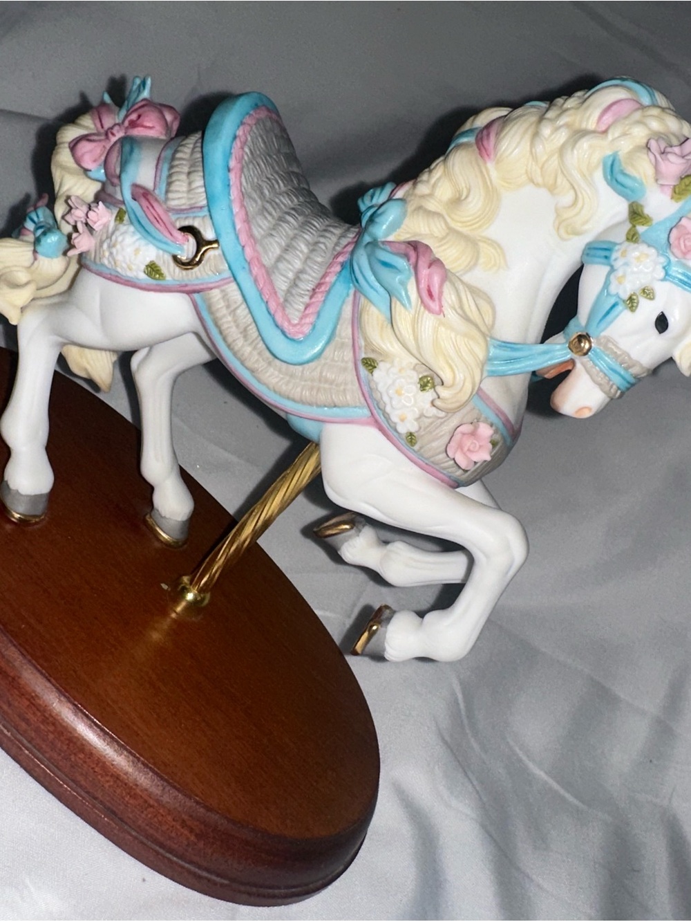 Vintage Porcelain Carousel Horse Figurine Pastel Pink Blue Floral Wood Base